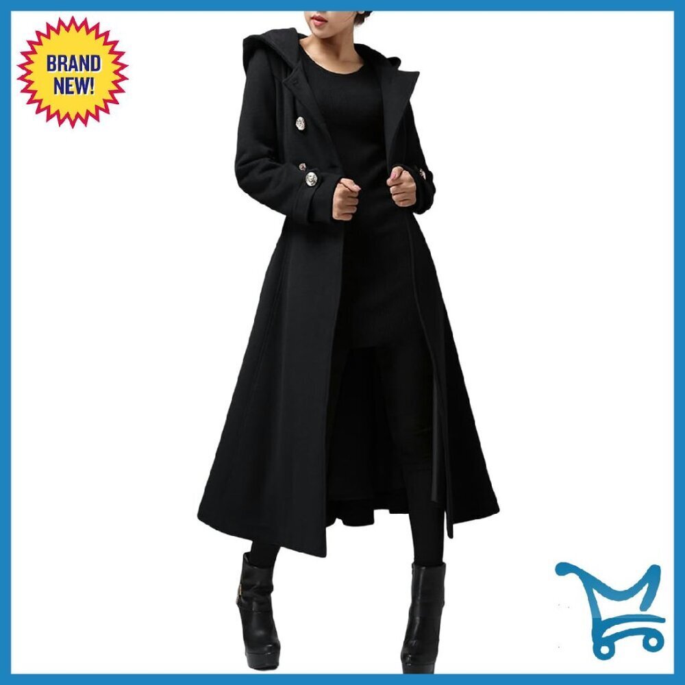 Long Wool Blend Trench Coat with Hood and Belts - Winter Warm Double-Breasted